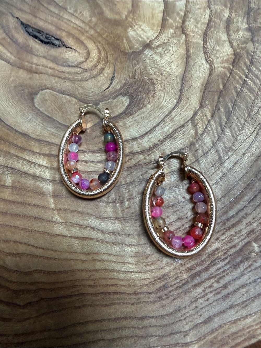 Nakamol Gold Hoop Earrings with Pink Multi-Stone Beads